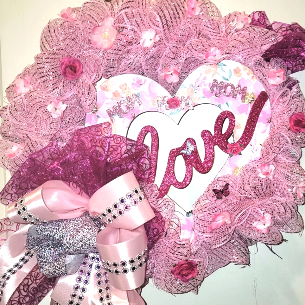 Mom Love Wreath Deco Mesh Bows Pink Sparkle Birthday Gift